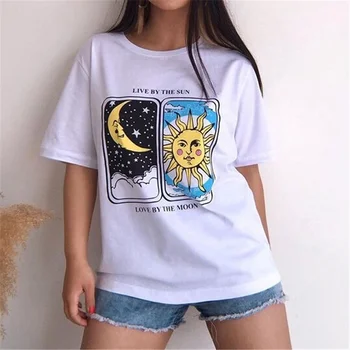Милая футболка с изображением Солнца и Луны Женские футболки Свободного размера 2021 Летняя Новая одежда Kawaii Harajuku Для подростков и девочек Леди большого размера