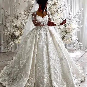 Романтичное белое платье невесты с длинным рукавом, кружевное платье в цветочек длиной до пола, сшитое на заказ.