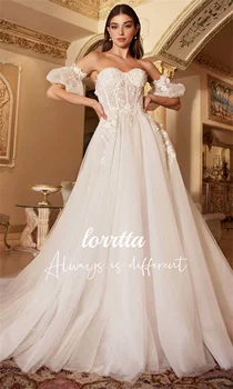 Lorrtta Красивое свадебное платье с кружевной аппликацией, пышные рукава в виде сердечка, съемное свадебное платье на молнии со стреловидным хвостом.