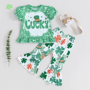 Комплект одежды на День Святого Патрика для маленьких девочек, рубашка с пузырями на День Святого Патрика и расклешенные брюки с принтом клевера