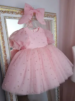 Новогоднее платье для девочек, жемчужно-розовое, с коротким рукавом, Детское платье-пачка для девочек, Свадебное платье-пачка для девочек на день рождения, платье-пачка принцессы с бантом для девочек