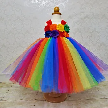Платье-пачка цвета радуги для девочек Платье с цветочными бретельками Детские вязаные крючком тюлевые платья Бальное платье Детские платья для свадебных вечеринок