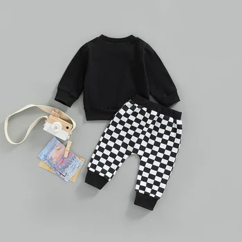 Одежда Для маленьких мальчиков и девочек, толстовка с длинными рукавами, топы и брюки с рисунком в шахматном порядке, осенний комплект одежды