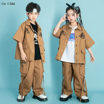 Крутая куртка для мальчиков в стиле хип-хоп, Брюки-карго, комплекты одежды Для девочек, рубашка для уличных танцев, Детская Уличная одежда, Детские Джазовые костюмы для подростков