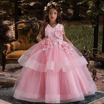 Платье принцессы, расшитое жемчугом, для девочек от 4 до 12 лет, пышное платье с цветочной сеткой, свадебный банкет, вечернее платье высокого класса на Хэллоуин