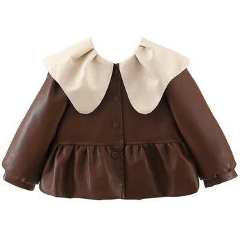 2024 Весна-осень, пальто для маленьких девочек в корейском стиле, модный кукольный воротник, милая куртка для малышей из искусственной кожи, верхняя одежда для младенцев, одежда для новорожденных BC1723