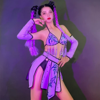 Фиолетовая юбка Бикини Женские Танцевальные костюмы DJ DS Gogo Сексуальный Косплей Одежда для танцев на шесте Сценический Фестивальный наряд Клубная одежда XS7053