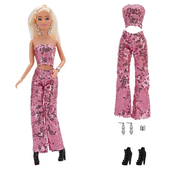 Официальный Комплект NK Doll Happy Party, Розовое Блестящее Платье: Топ + Расклешенные Брюки + Серьги + Браслеты + Высокие Каблуки Для Куклы Барби, Одежда своими Руками