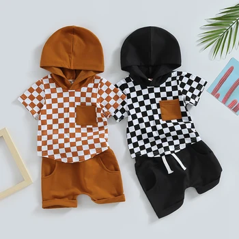 Летняя Одежда для младенцев и мальчиков, костюмы с рисунком в шахматном порядке, футболки с капюшоном с коротким рукавом, шорты с эластичной талией, комплект из 2 предметов